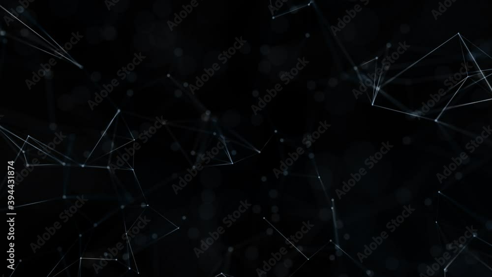 Poster loop features animated technology based shapes, connected white lines and blurry dots on a black bac