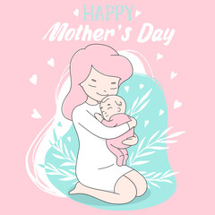 Young woman with a small newborn baby. The mother gently hugs her child and smiles. Greeting card, poster. Colorful vector illustration for the mother's Day holiday.