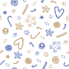 Christmas doodle seamless pattern in blue and gold colors. Hand drawn vector illustration with candy, walnut, star anise, cinnamon, candy cane and gingerbread cookie for package and wrapping paper.