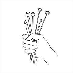 vector illustration drawing in doodle style. knitting needles and crochet hooks in hand. a simple drawing on the topic of needlework, knitting, crocheting. hobbies and homework.