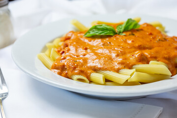 A view of a plate of pink Alfredo penne pasta, in a restaurant or kitchen setting.