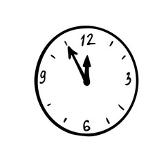 Hand drawn outline image of a clock. Vector Illustration, isolated on white background. Christmas icon in doodle sketch style. 23:55 time. Element of festive decor.