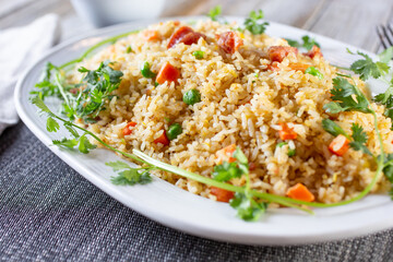 A view of a plate of fried rice.