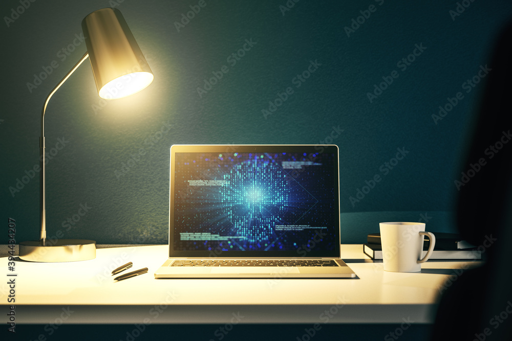 Leinwandbilder creative code skull hologram on modern computer monitor, cybercrime and hacking concept. 3d renderin