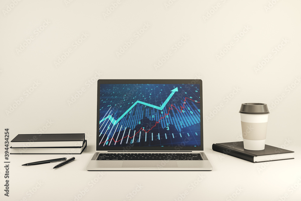 Poster modern computer display with abstract financial graph and upward arrow, financial and trading concep