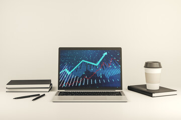 Modern computer display with abstract financial graph and upward arrow, financial and trading concept. 3D Rendering