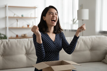 Overjoyed Asian woman received awaited parcel with order, showing yes gesture, sitting on couch at...