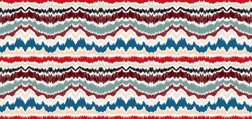 Ikat border. Geometric folk ornament. Ink on clothes. Tribal vector texture. Seamless striped pattern in Aztec style. Ethnic embroidery. Indian, Scandinavian, Gypsy, Mexican, African rug.