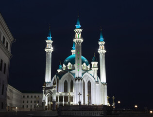 view of the Kul Sharif mosque in Kazan, photo taken in a late summer evening