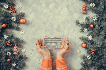 Christmas gray grunge background, fir twigs, berries, snowflakes, baubles, top view. Woman hands in red pullover hold tiny shopping basket, copy space. New Year decoration, pine tree branches, cones.