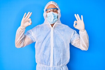 Young hispanic man wearing doctor coronavirus protection uniform relax and smiling with eyes closed doing meditation gesture with fingers. yoga concept.