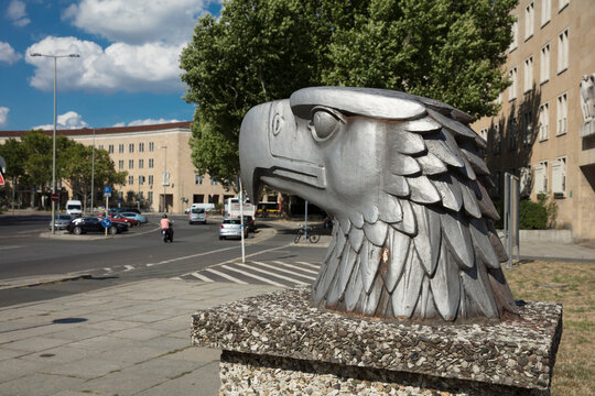 tempelhof Airfield, Berlin, Germany: 15th August 2018: Eagle Head on display in Eagle Square