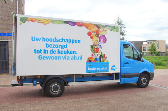 Almere, The Netherlands - May 24, 2017: Dutch Albert Heijn Grocery Delivery Truck Parked On A Public Road In The City Of Almere.  