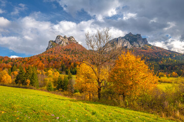 Autumn rural landscape with mountains peaks on background. The Vratna valley in Mala Fatra national park, Slovakia, Europe.