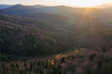 Polish mountains in Silesia Beskid in Szczyrk. Skrzyczne hill inPoland in autumn, fall season aerial drone photo