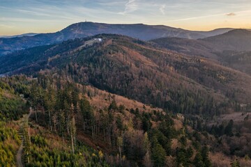 Polish mountains in Silesia Beskid in Szczyrk. Skrzyczne hill inPoland in autumn, fall season aerial drone photo