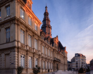 Visit card of Reims Champagne city and its city hall in sunrise light, France - 394437643