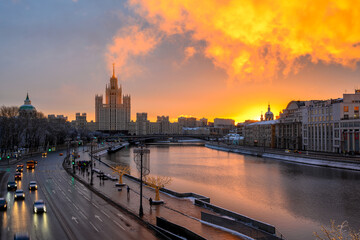Kotelnicheskaya Embankment Building and Moscow river in Moscow, Russia. Architecture and landmark of Moscow. Sunrise cityscape of Moscow