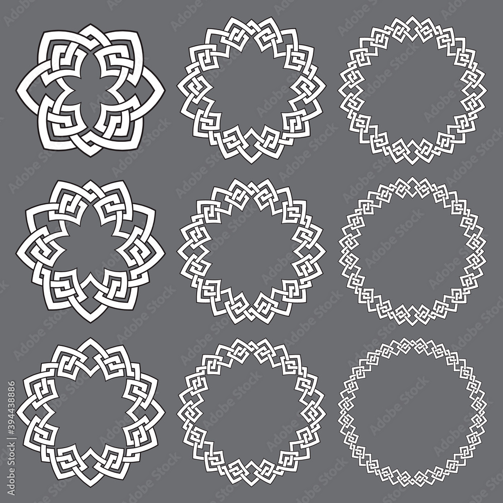 Poster set of round frames. nine decorative elements for logo design with stripes braiding borders. white l