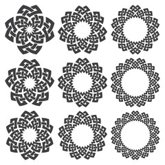 Set of round frames. Nine decorative elements for logo design with stripes braiding borders. Black lines on white background.