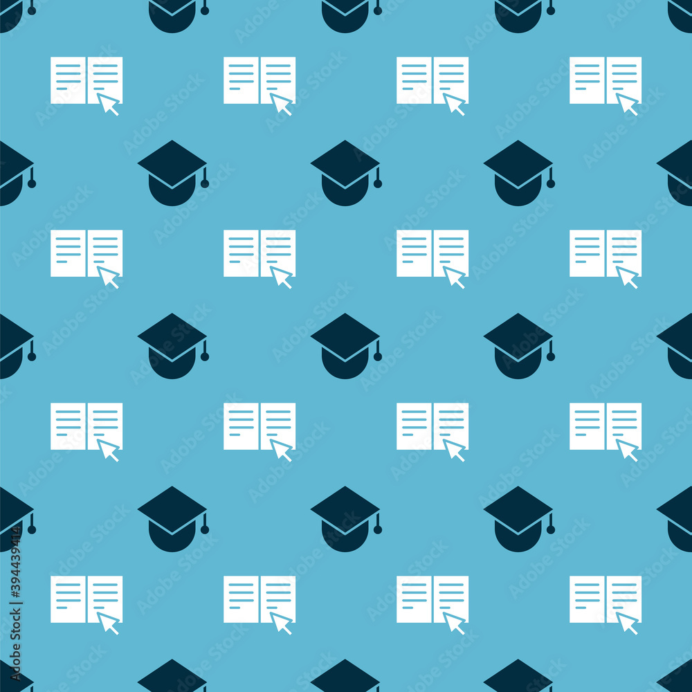 Poster set graduation cap on globe and online book on seamless pattern. vector.