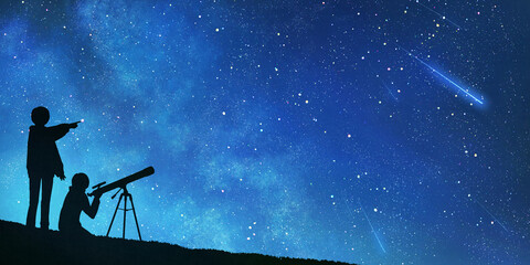 流星群を見て佇む人のイラスト Wall Mural Wallpaper Murals わたほこり
