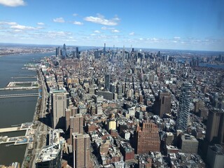Aerial view of river and building in new york city from one world trade building.