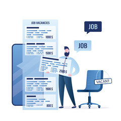 Male employer posts job advertisement on job site or mobile app. Recruitment, vacancy in company. Businessman search for qualified workers