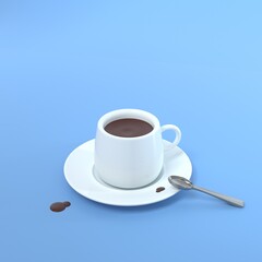 3d cartoon quick breakfast, a hot coffee set, hot chocolate, tea with spoon on pastel blue background. Coffee break time concept. 3d rendering
