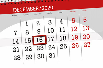 Calendar planner for the month december 2020, deadline day, 16, wednesday