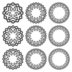 Set of round frames. Nine decorative elements for logo design with stripes braiding borders. Black lines on white background.