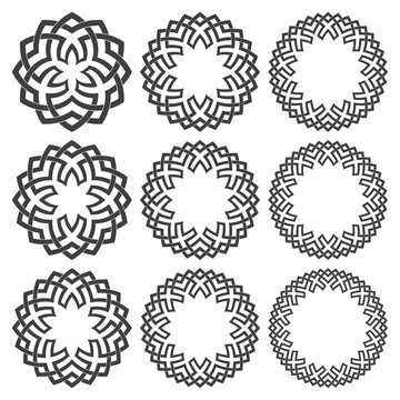 Set of round frames. Nine decorative elements for logo design with stripes braiding borders. Black lines on white background.