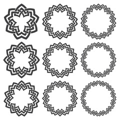 Set of round frames. Nine decorative elements for logo design with stripes braiding borders. Black lines on white background.