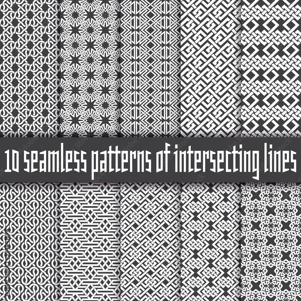 Poster vector set of abstract seamless patterns. ten swatches of white lines on black backgrounds.