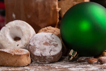 traditional christmas powders on rustic wood with ornaments
