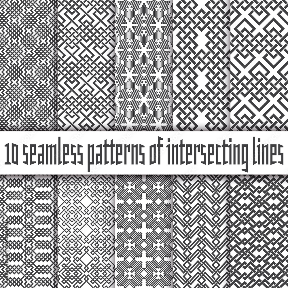 Poster vector set of abstract seamless patterns. ten swatches of black lines on white backgrounds.