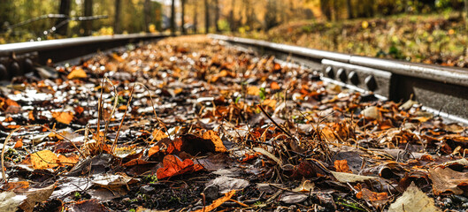 Low angle panorama of a railroad in a sunny autumn landscape.