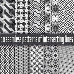 Vector set of abstract seamless patterns. Ten swatches of white lines on black backgrounds.