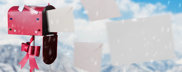 letters flying out of a red mailbox on a Christmas background