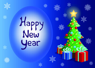 Fototapeta na wymiar Happy new year lettering. Vector Christmas illustration. Christmas tree with presents and gifts. Postcard, banner design illustration on blue background with snowfall.