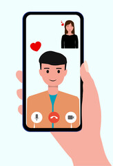 Video call concept. Lovers are having video calls using the smartphone. Love during quarantine. Human hand hold device with people on screen. People and gadgets. Love on distance. Vector illustration