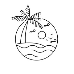 Line art illustration design sunset on the beach isolated on white background