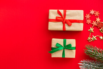 christmas background gift box and decoration present new year festive holiday top view background rustic copy space 