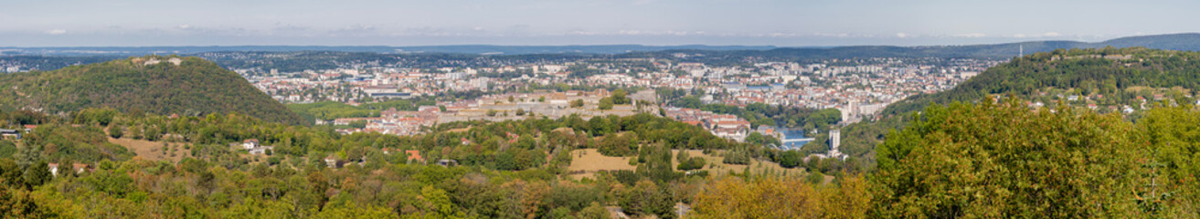 Fototapeta na wymiar Besançon, France - 09 05 2020: Panoramic view of the city and the citadel walls from the Belvedere of Monfaucon