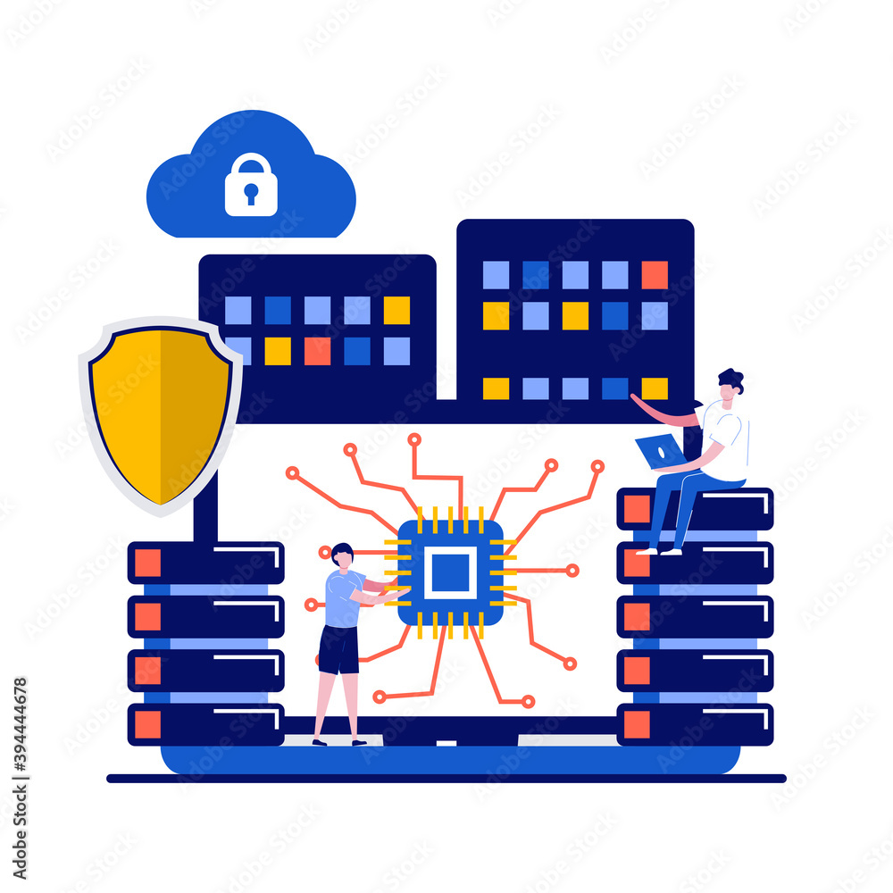 Poster database concept with character. internet of things, data server storage. wireless technologies, tel