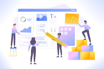 Web development and design concept. Programmer team placing contents on web page. Building website layout, vector illustration