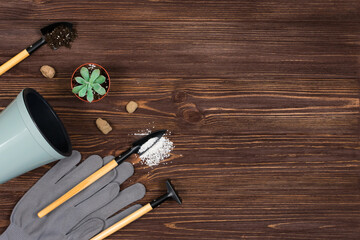 Set of garden tools with gloves and a pot for transplanting flowers on a wooden textured dark background. Place for an inscription. View from above.