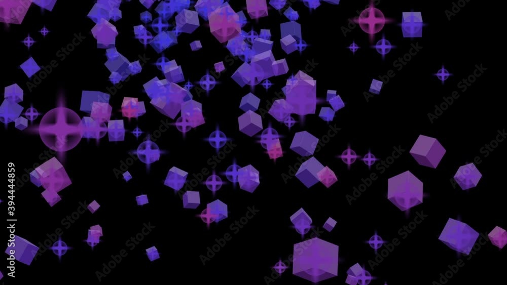 Poster an abstract meteor shower of blue and red cubes on a black background, consisting of particles flyin