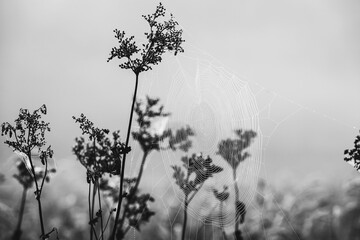 Web of a spider against sunrise in the field covered fogs Black & White - 394445061