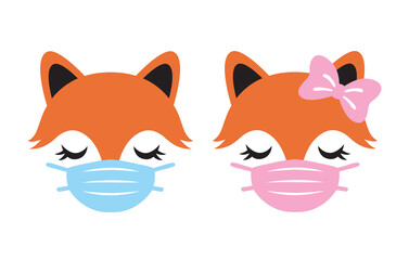 Cute boy and girl fox with face mask vector illustration.